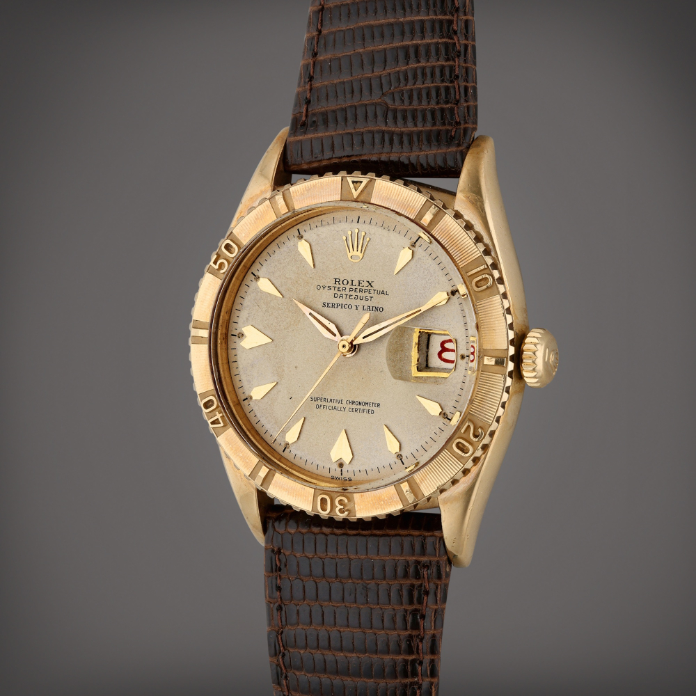Reference 6609 Datejust | Retailed by Serpico Laino: A yellow gold automatic wristwatch with date, Circa 1957