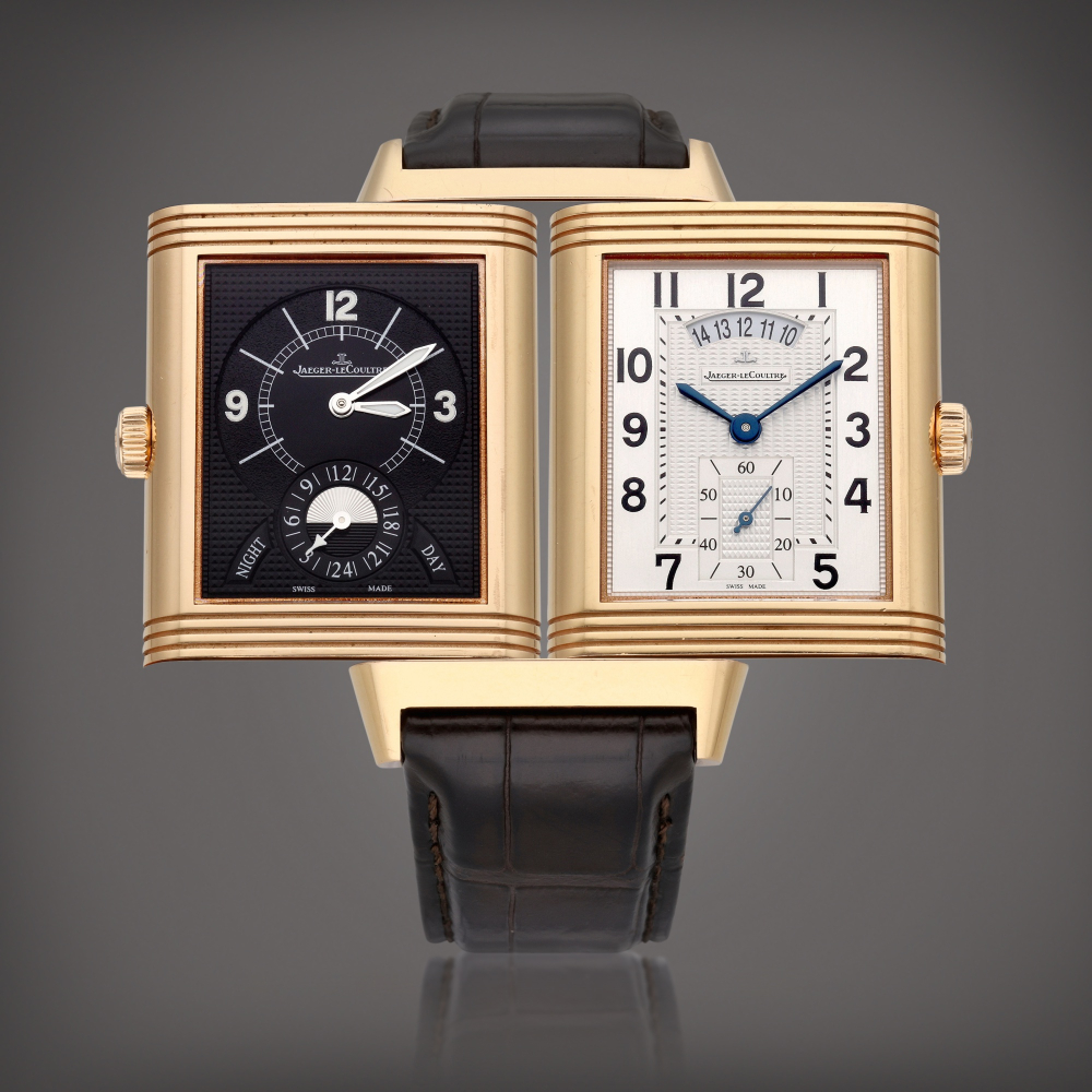 Reference 273.2.85 Reverso Grande Date | A pink gold reversible dual time wristwatch with date and Day/Night indication, Circa 2011