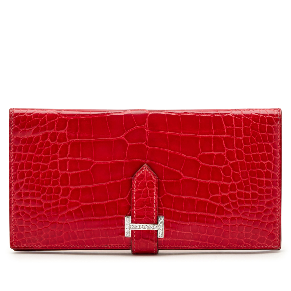 Hermès Braise Shiny Alligator Bearn Gusset Wallet 18k White Gold and Diamond Hardware, 2005