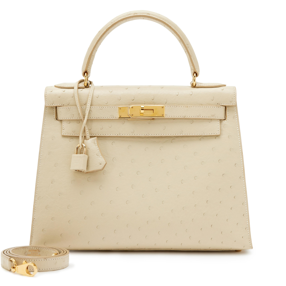 Hermès Vintage Parchemin Ostrich Sellier Kelly 28 Gold Hardware, 1994