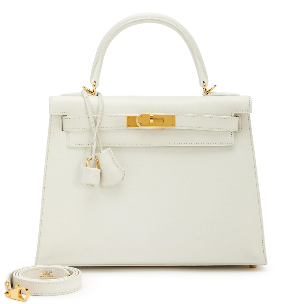 Hermès Vintage White Evercolor Sellier Kelly 28 Gold Hardware, 1999