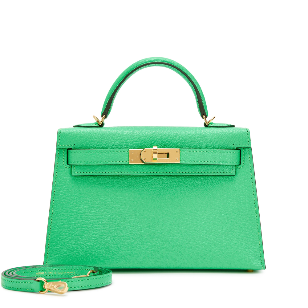 Hermès Vert Comics Chèvre Mysore Mini Kelly II 20 Gold Hardware, 2023