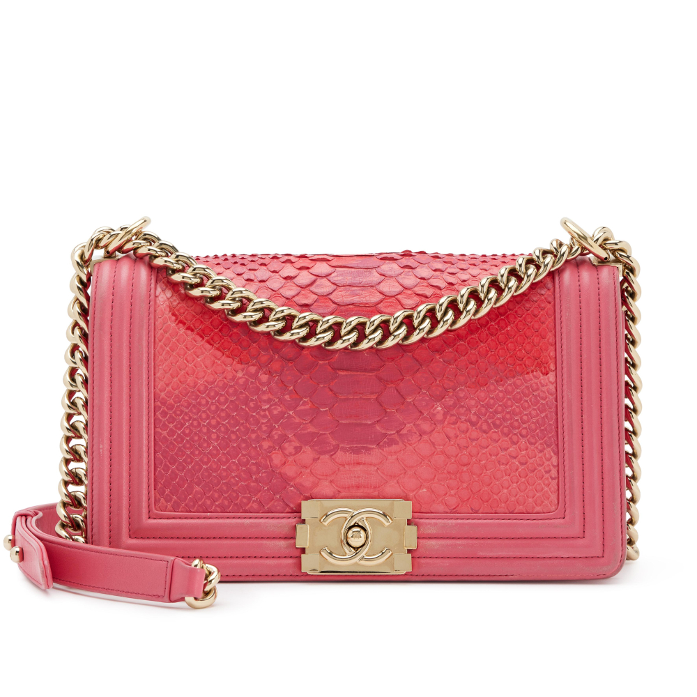 Chanel Pink Lambskin and Python Old Medium Boy Bag Gold Hardware, 2018
