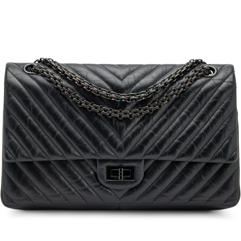 Chanel Black Calfskin Chevron Quilted 2.55 Reissue 226 Double Flap Black Hardware, 2017-2018
