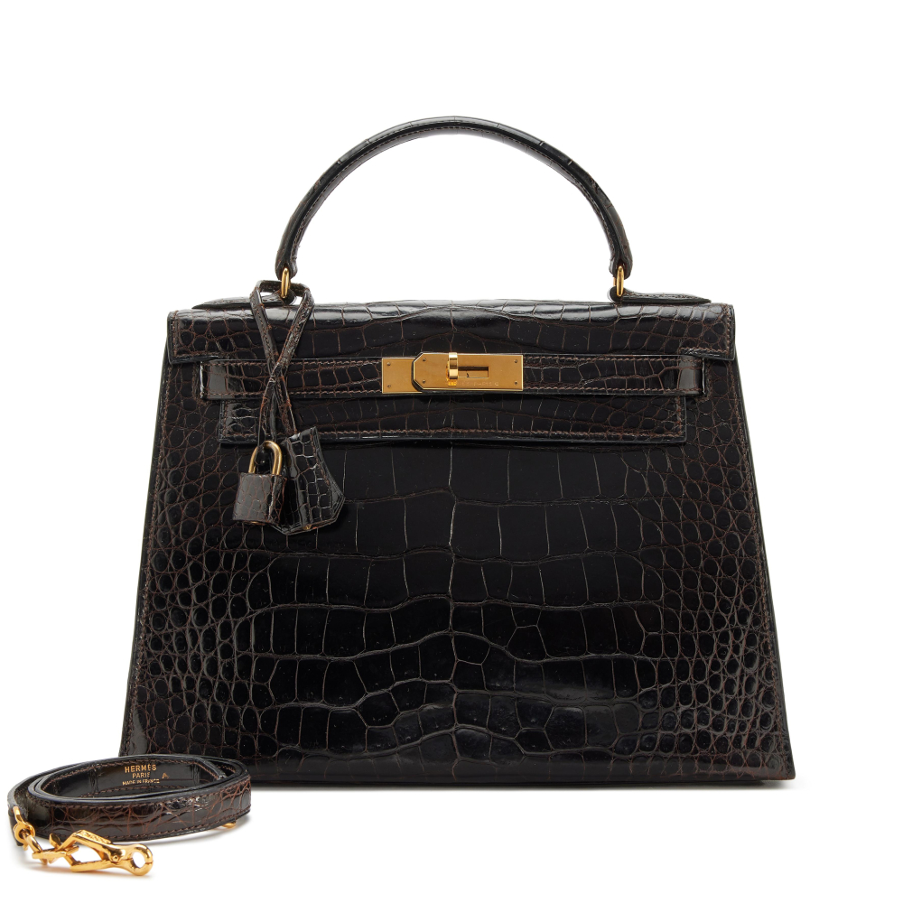 Hermès Vintage Marron Fonce Shiny Porosus Crocodile Sellier Kelly 28 Gold Hardware, 1986