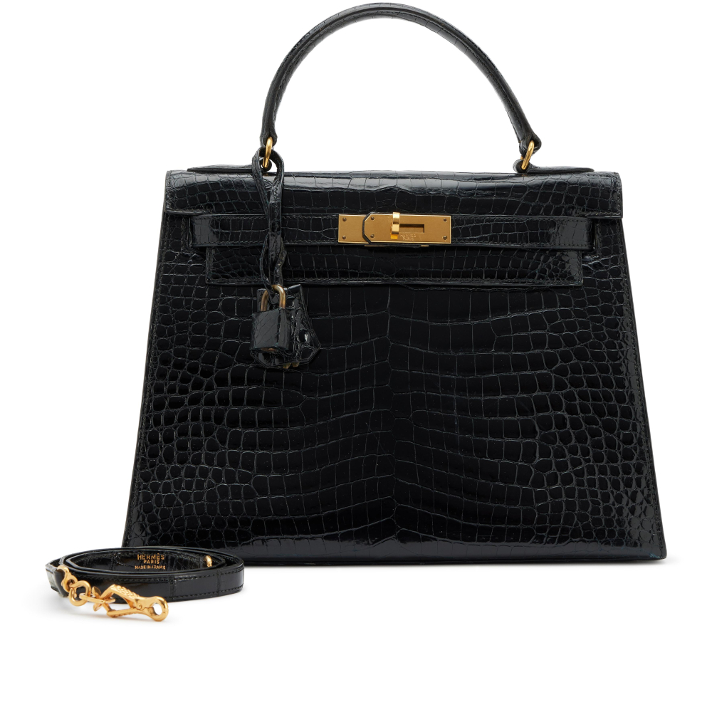 Hermès Vintage Black Shiny Crocodile Kelly 28 Gold Hardware, 1962