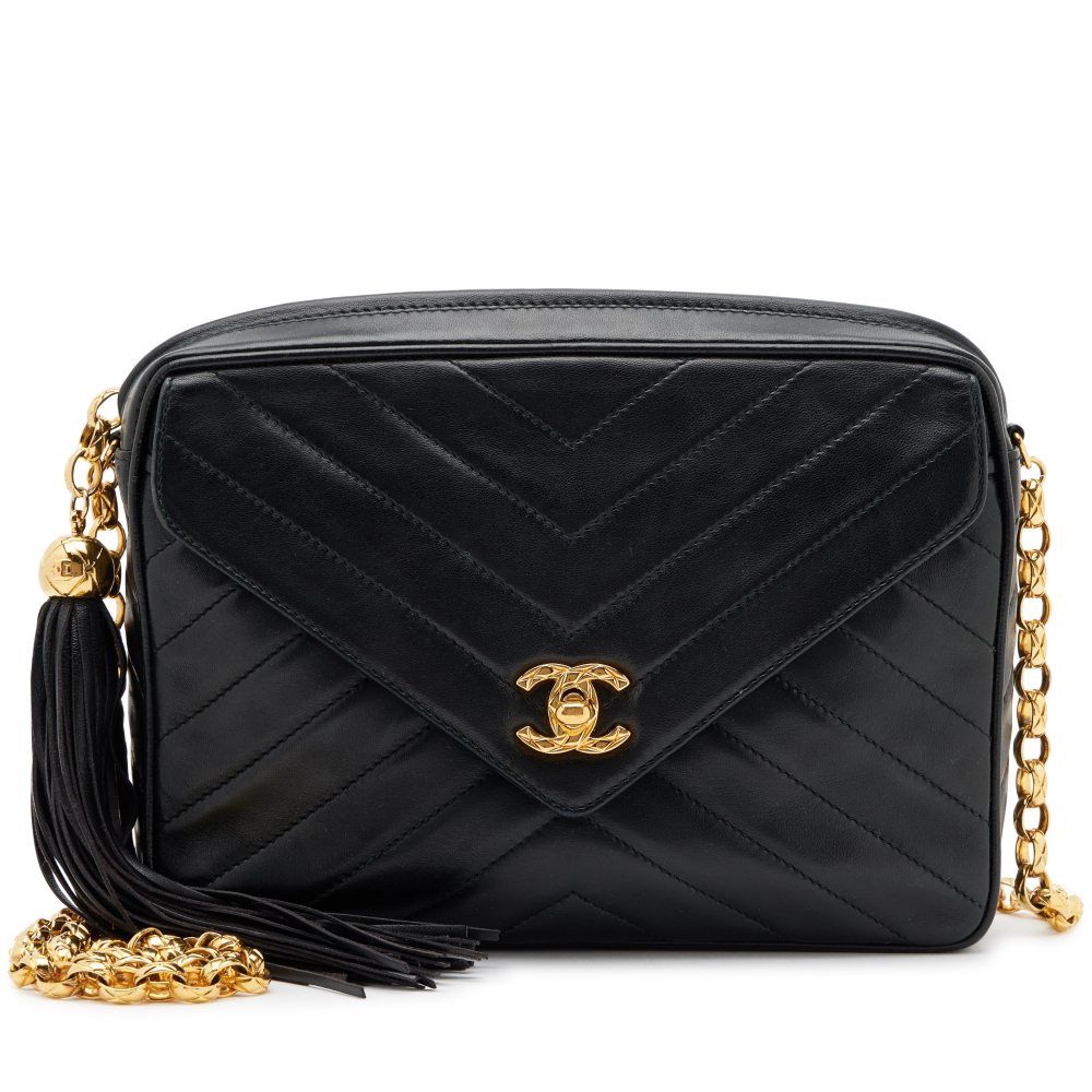Chanel Vintage Black Chevron Lambskin Camera Bag Gold Hardware, 1991-1994