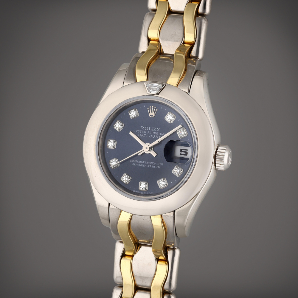 Rolex Reference 80329 Datejust Pearlmaster | A white and yellow gold diamond-set automatic wristwatch with date and bracelet, Circa 2009