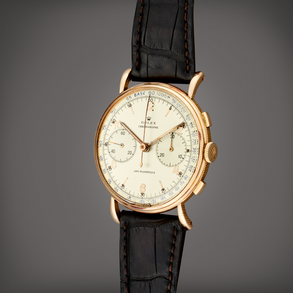 Rolex Reference 4062 Chronographe Anti-Magnetique | A pink gold chronograph wristwatch with flared lugs, Circa 1942