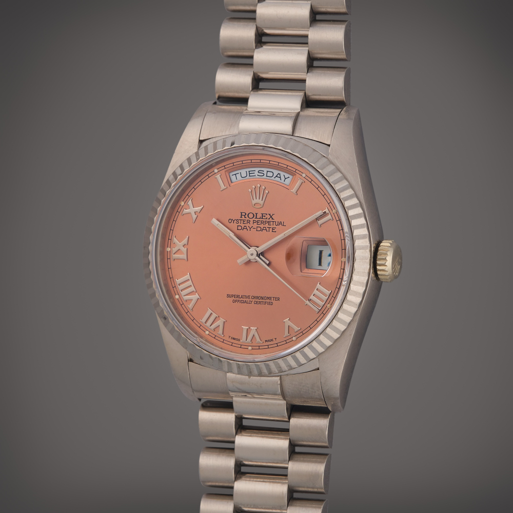 Rolex Reference 18239 Day-Date | A white gold automatic wristwatch with day, date, and bracelet, Circa 1989