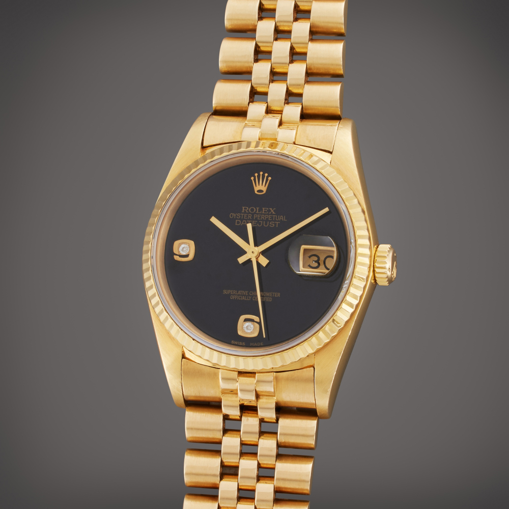 Rolex Reference 16018 Datejust | A yellow gold and diamond-set automatic wristwatch with date, bracelet, and onyx dial, Circa 1987