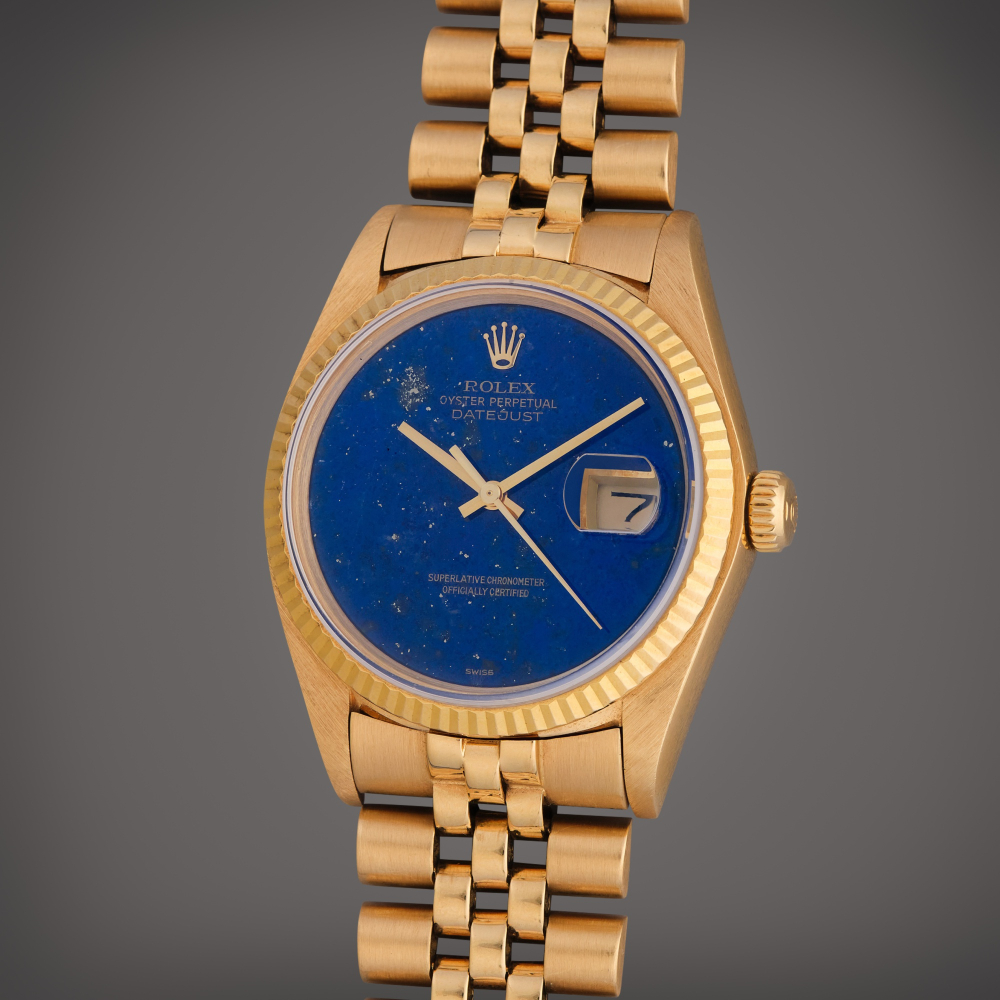 Rolex Reference 16018 Datejust | A yellow gold automatic wristwatch with date, bracelet, and lapis lazuli dial, Circa 1982