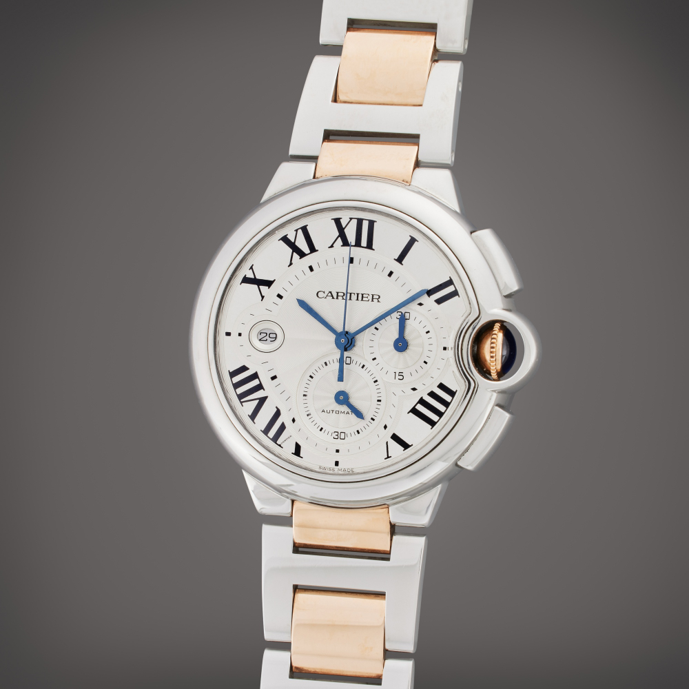 Cartier Reference 3109 Ballon Bleu | A pink gold and stainless steel automatic chronograph wristwatch with date and bracelet, Circa 2010