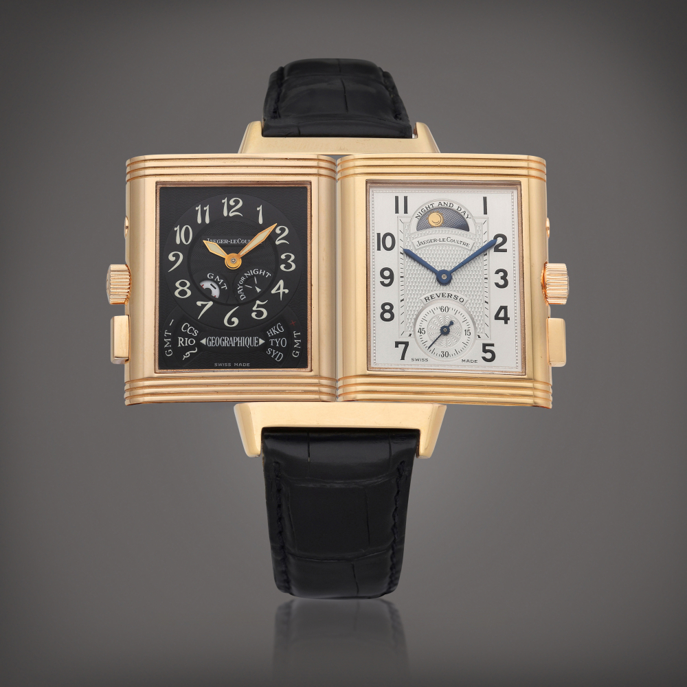 Jaeger-LeCoultre Reference 270.2.58 Reverso Geographique | A limited edition pink gold rectangular world time wristwatch with day night indication, Circa 2000