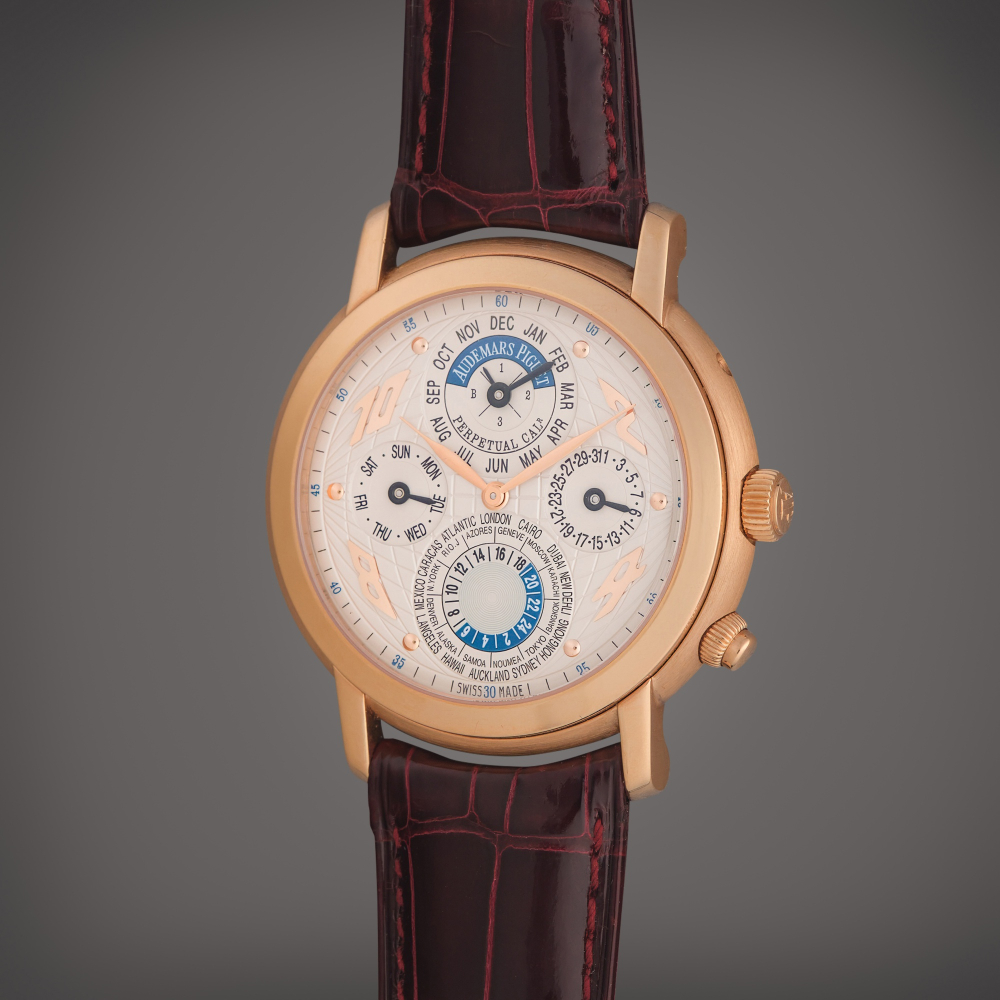 Audemars Piguet Reference 25919OR.OO.D002CR.01 Jules Audemars Quantieme Perpetual Metropolis | A pink gold automatic dual time perpetual calendar wristwatch with leap year indication, Circa 2000
