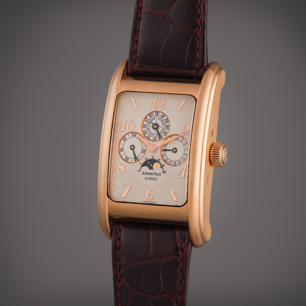 Audemars Piguet Reference 25911OR.OO.D002CR.01 Edward Piguet Quantieme Perpetual | A pink gold rectangular automatic perpetual calendar wristwatch with moon phases and leap year indication, Circa 2000