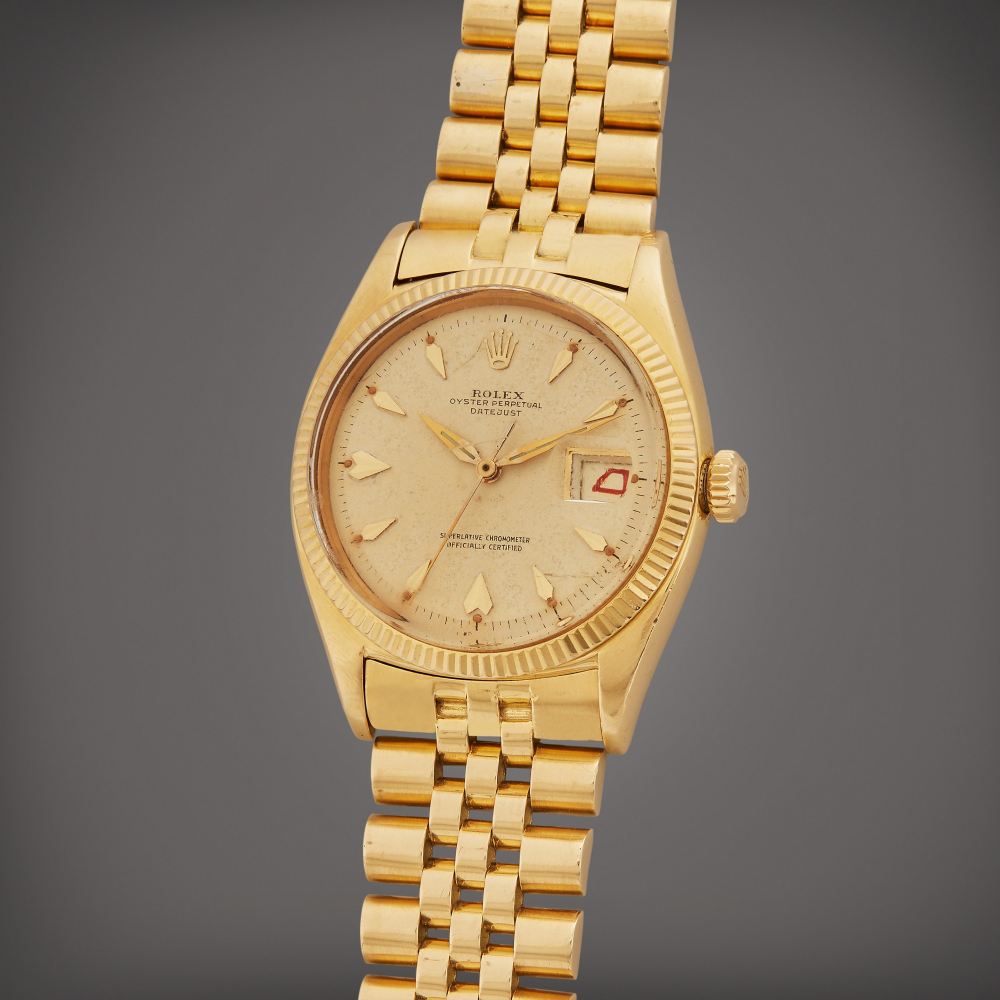 Rolex Reference 6605 DateJust | A yellow gold wristwatch with roulette date wheel and bracelet, Circa 1959