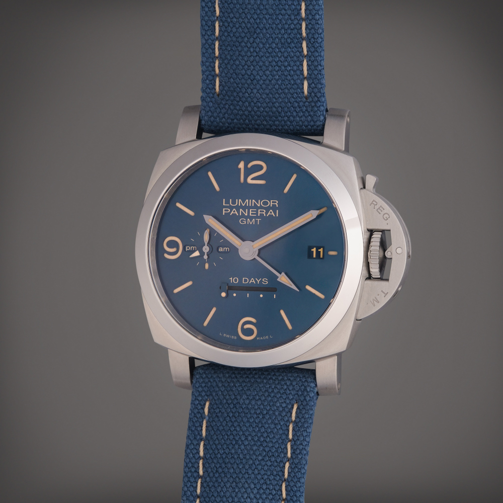 Panerai Reference PAM 00986 Luminor GMT | A limited edition stainless steel automatic dual time wristwatch with 10 day power reserve indication and day/night indication, Circa 2020