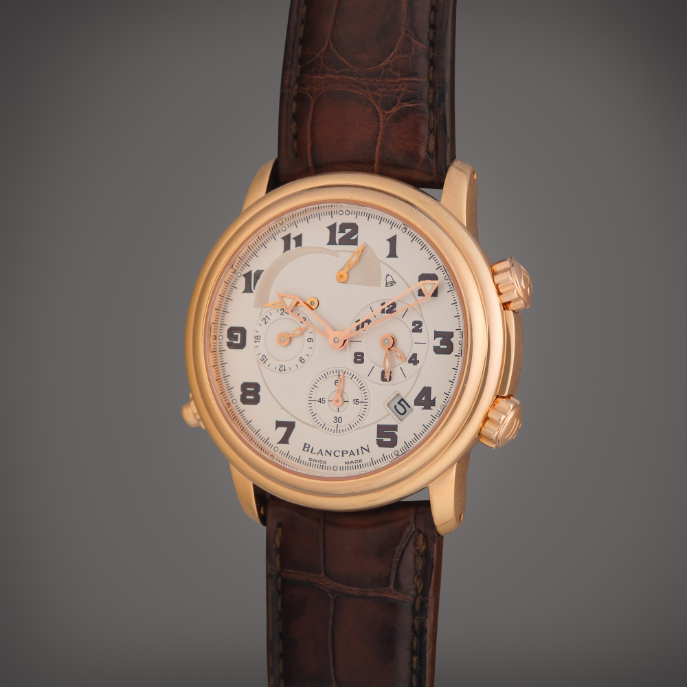 Blancpain Reference 2041 3642M Leman Reveil GMT Alarm | A pink gold dual time automatic wristwatch with date, alarm, 24 hour indication, and power reserve indication, Circa 2009