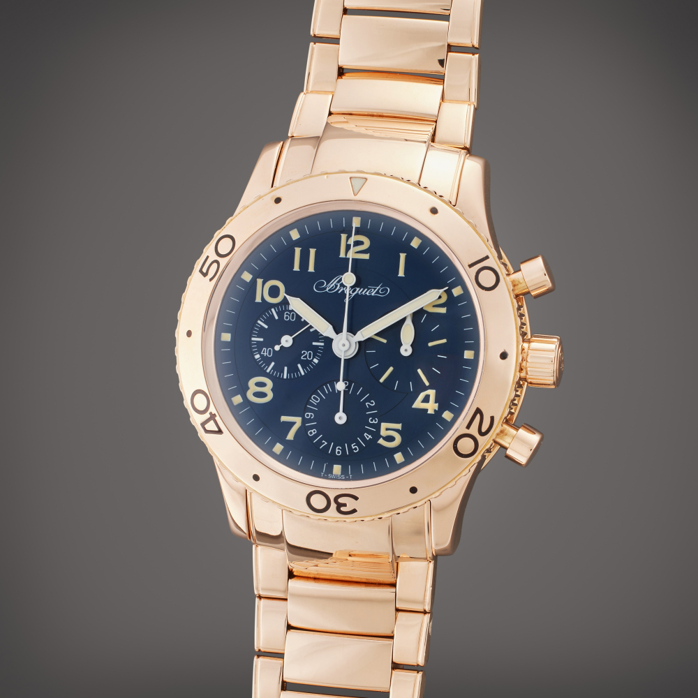 Breguet Reference 3800BR Type XX Aeronavale | A pink gold automatic chronograph wristwatch with bracelet, Circa 2000