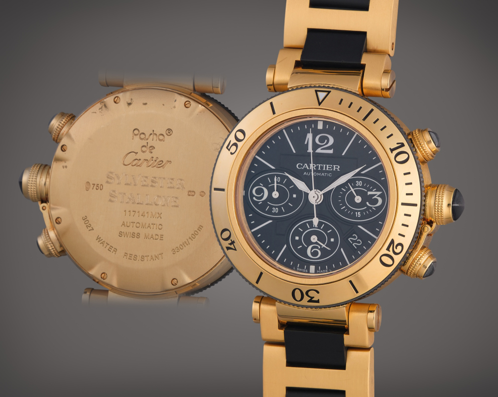 PROPERTY FROM THE COLLECTION OF SYLVESTER STALLONE Cartier Reference W301970M Pasha Seatimer | A large yellow gold and ceramic chronograph wristwatch with date, Owned and Worn by Sylvester Stallone, Circa 2010