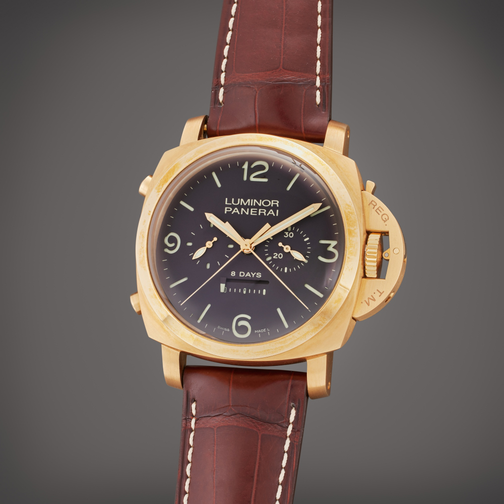 Panerai Reference PAM00319 Luminor 1950 8 Days Rattrapante | A limited edition pink gold split second chronograph wristwatch with eight day power reserve, Circa 2009