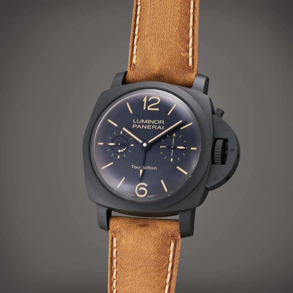 Panerai Reference PAM00396 Luminor 1950 Tourbillon GMT | A limited edition ceramic dual time tourbillon wristwatch with Day/Night and power reserve indication, Circa 2013