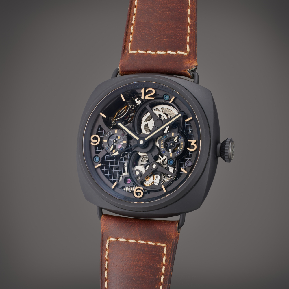 Panerai Reference PAM00350 Radiomir Tourbillon GMT Lo Scienziato | A limited edition ceramic skeletonized dual time tourbillon wristwatch with day/night and power reserve indication, Circa 2010