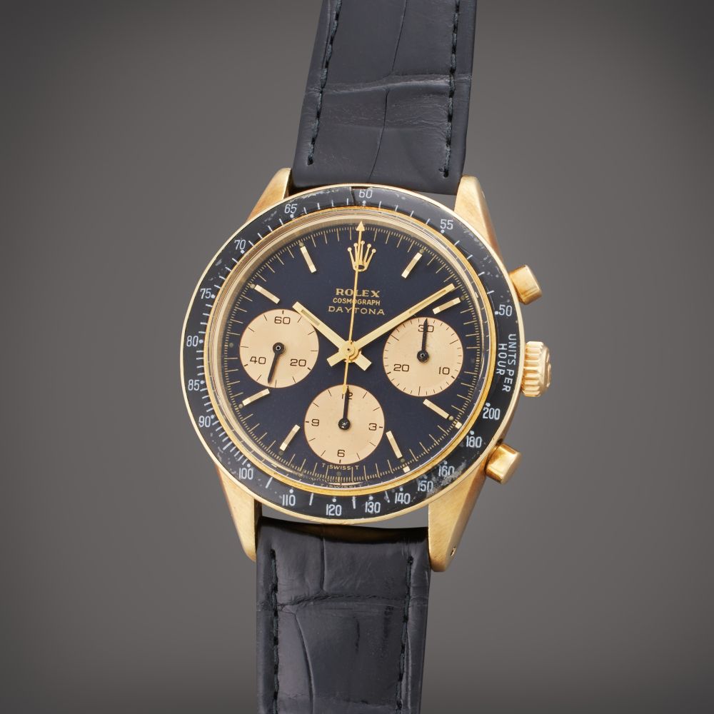 PROPERTY FROM THE FAMILY OF THE ORIGINAL OWNER Rolex Reference 6241 ‘Jumbo Logo’ Daytona | A 14k yellow gold chronograph wristwatch with Nero dial, Circa 1966