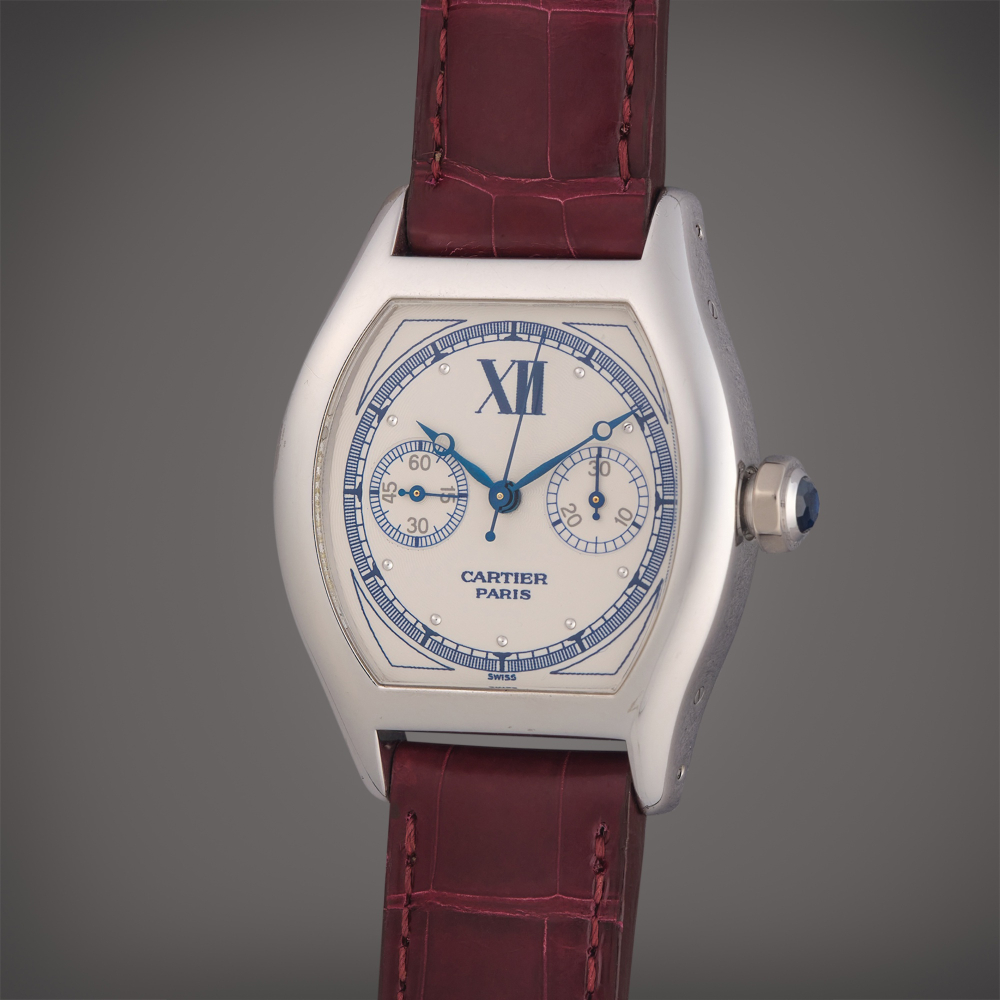 Cartier Reference 2396 Tortue Chronographe Monopoussoir 'CPCP' | A white gold tonneau shaped single-button chronograph wristwatch, Circa 2000
