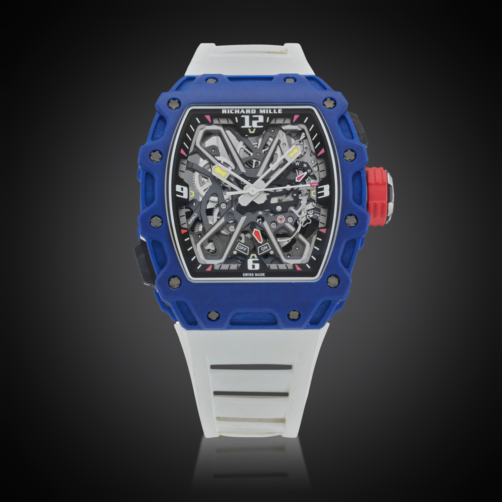 Richard Mille Reference RM35-03 FQ 'Baby Nadal' | A blue and white quartz TPT skeletonized automatic wristwatch with a butterfly rotor, Owned and Worn by Tom Brady, Circa 2022