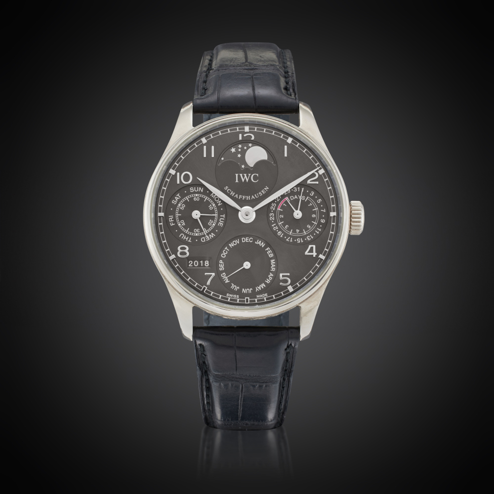 IWC Reference IW5022-18 Portugieser Perpetual Calendar | A white gold automatic perpetual calendar wristwatch with moon phases, year and 7-day power reserve indication, Owned and Worn by Tom Brady, Circa 2007