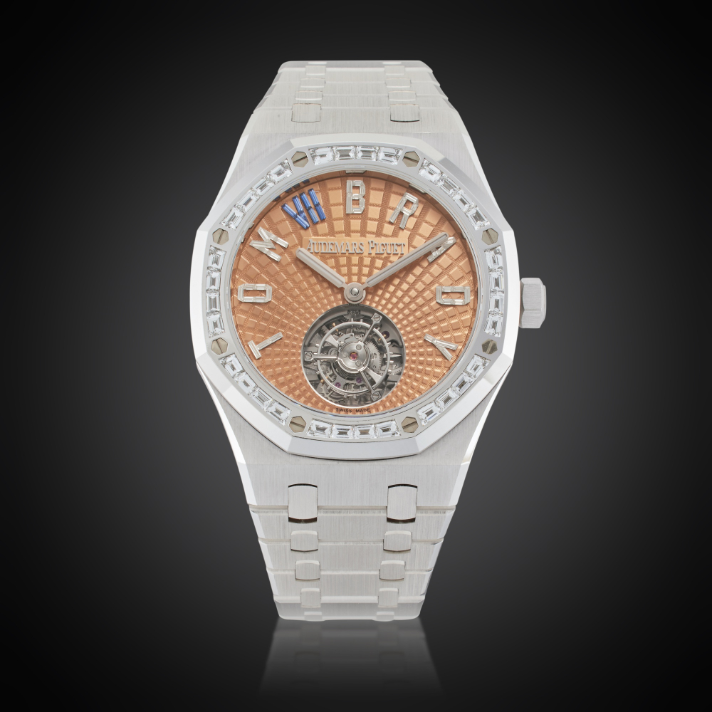 Audemars Piguet Reference 26730BC.ZZ.1320BC.99 Royal Oak 'The Roast' | A piece unique white gold and diamond-set flying tourbillon wristwatch with bracelet, Owned and Worn by Tom Brady, Circa 2024