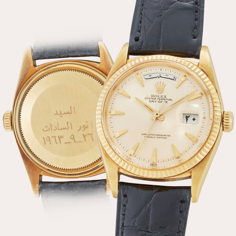 PROPERTY FROM THE FAMILY OF THE ORIGINAL OWNER, FORMER PRESIDENT OF EGYPT GAMAL ABDEL NASSER Rolex Reference 1803 Day-Date | A yellow gold automatic wristwatch with Arabic day and date, Owned and Worn by President Gamal Nasser of Egypt, Circa 1963