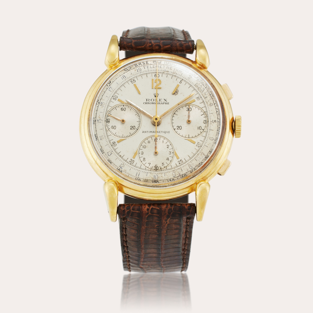 PROPERTY FROM THE FAMILY OF THE ORIGINAL OWNER Rolex Reference 4313 | A yellow gold antimagnetic chronograph wristwatch, Owned and Worn by Film Producer and Writer Harold Gast, Circa 1940