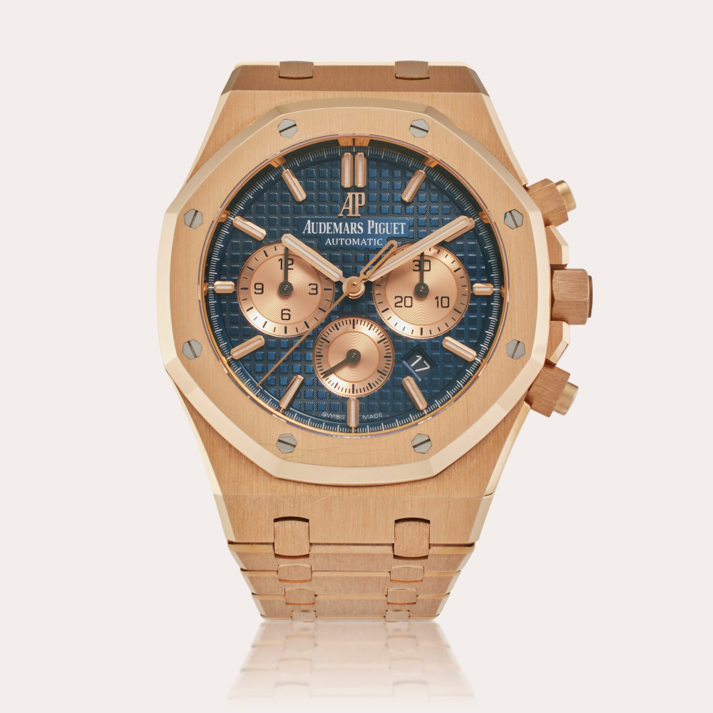 Audemars Piguet Reference 26331OR.OO.1220OR.01 Royal Oak | A pink gold automatic chronograph wristwatch with date and bracelet, Circa 2018