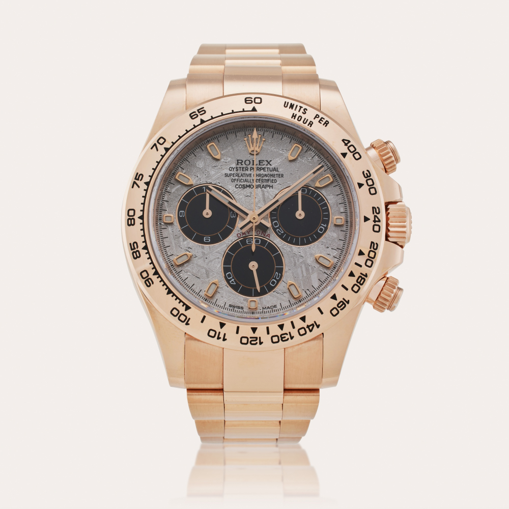 Rolex Reference 116505 Daytona | A pink gold automatic chronograph wristwatch with meteorite dial and bracelet, Circa 2023