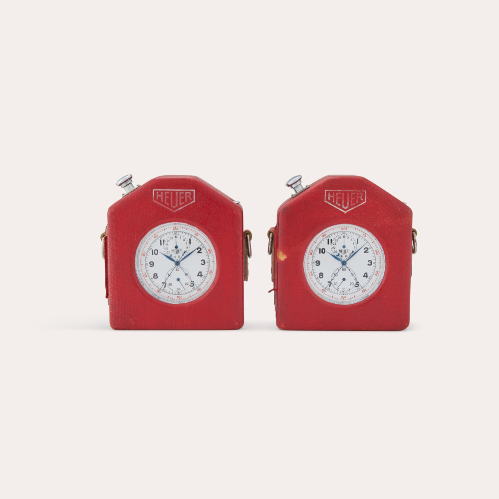 PROPERTY FROM THE COLLECTION OF JEFF STEIN Heuer Reference 11.202 Split-Seconds Chronograph | Two stainless steel split-seconds chronograph open faced watch with fitted leather case and leather strap, Circa 1965