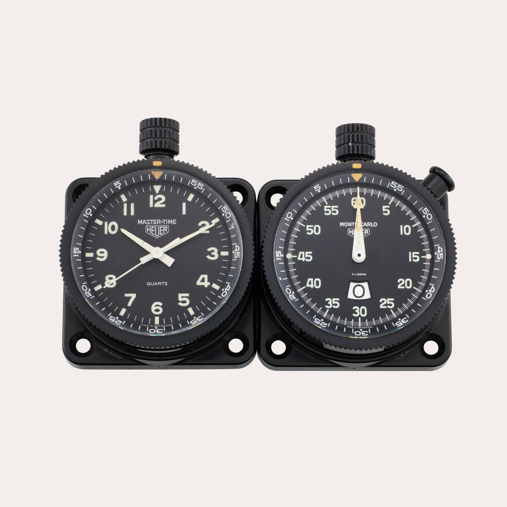 HEUER CHAMPIONS Heuer Dashboard-Mounted Rally-Master | A pair of composite dashboard-mounted rally timer with Master Time and Monte-Carlo stopwatch, Circa 1981