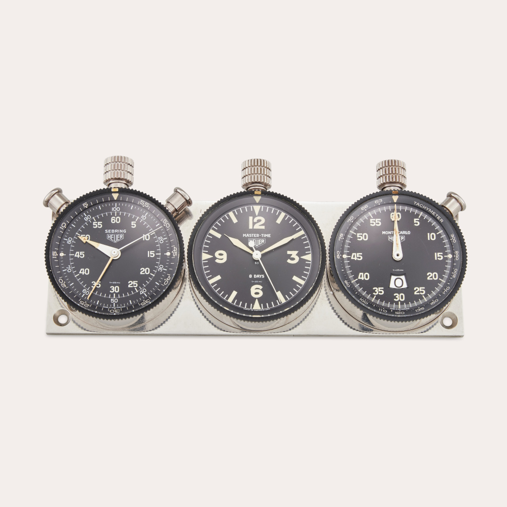 HEUER CHAMPIONS Heuer Dashboard-Mounted Rally-Master | A set of three stainless steel and aluminum dashboard-mounted rally timers with Sebring ‘Rattrapante’ split-seconds chronograph, Master Time 8 Day, and Monte-Carlo stopwatch, Circa 1968