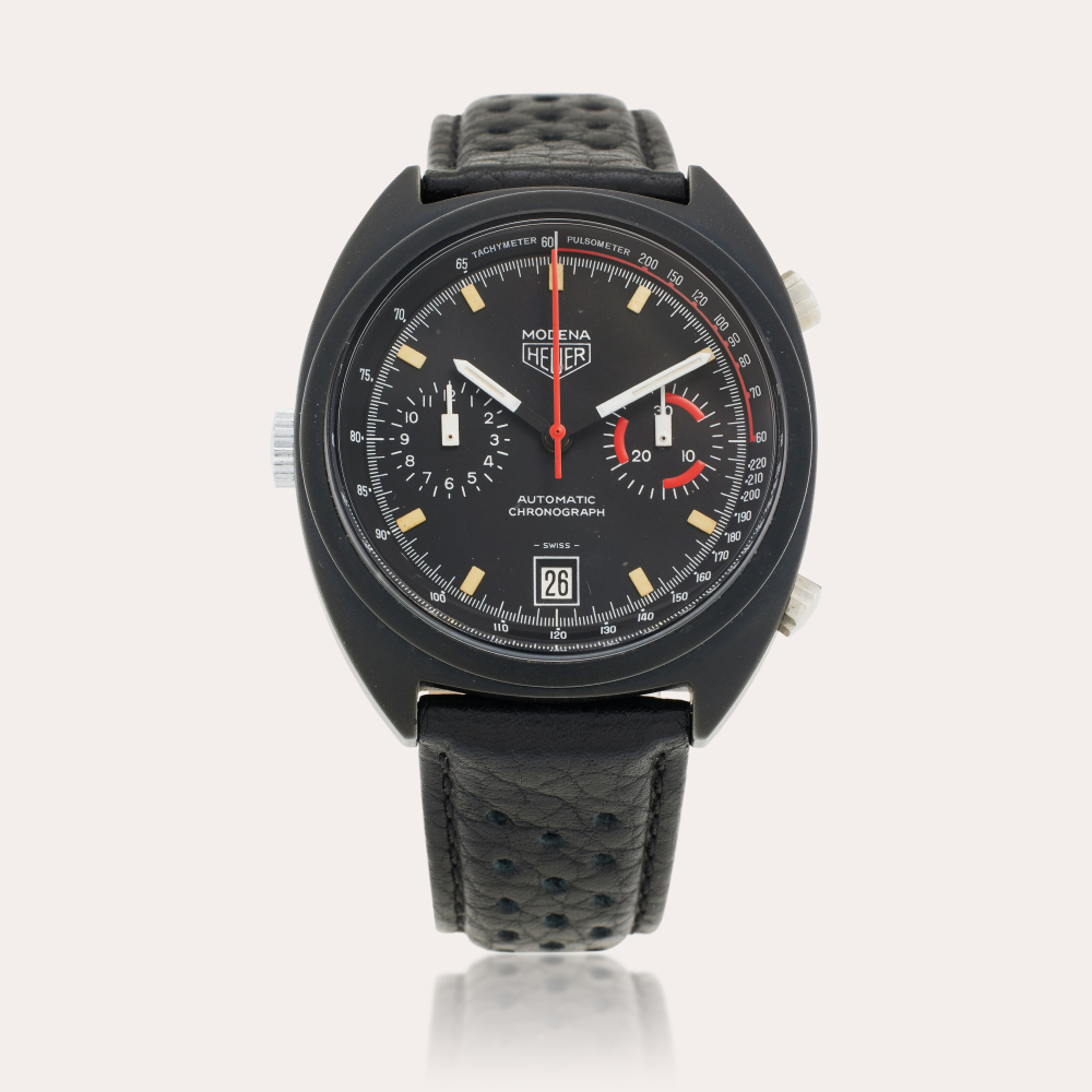 HEUER CHAMPIONS Heuer Reference 150.501 Modena | A black-coated stainless steel automatic chronograph wristwatch with date, Circa 1977