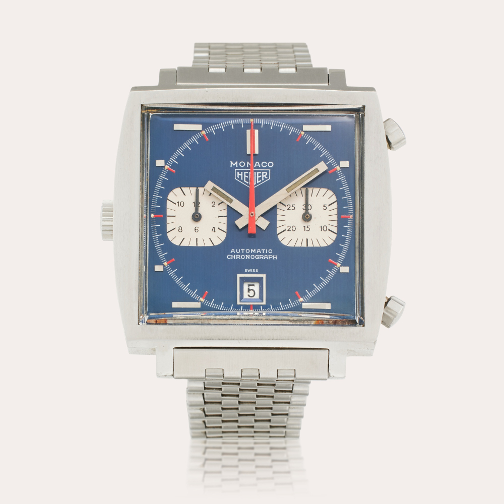 HEUER CHAMPIONS Heuer Reference 1133B Monaco | A stainless steel square automatic chronograph wristwatch with date, Circa 1971