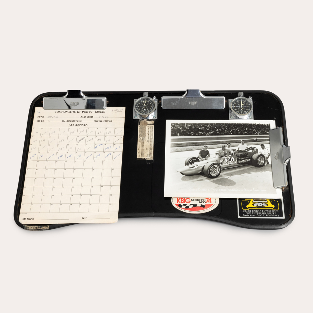 PROPERTY FROM THE COLLECTION OF JEFF STEIN Heuer Timing Board with Dual Mounted Autavia Dashboard Timers Retailed by Abercrombie Fitch | Two stainless steel mounted dashboard timers with Racing provenance, 1970