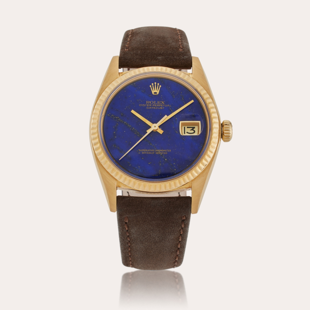 Rolex Reference 1601 Datejust | A yellow gold automatic wristwatch with date and lapis lazuli dial, Circa 1974