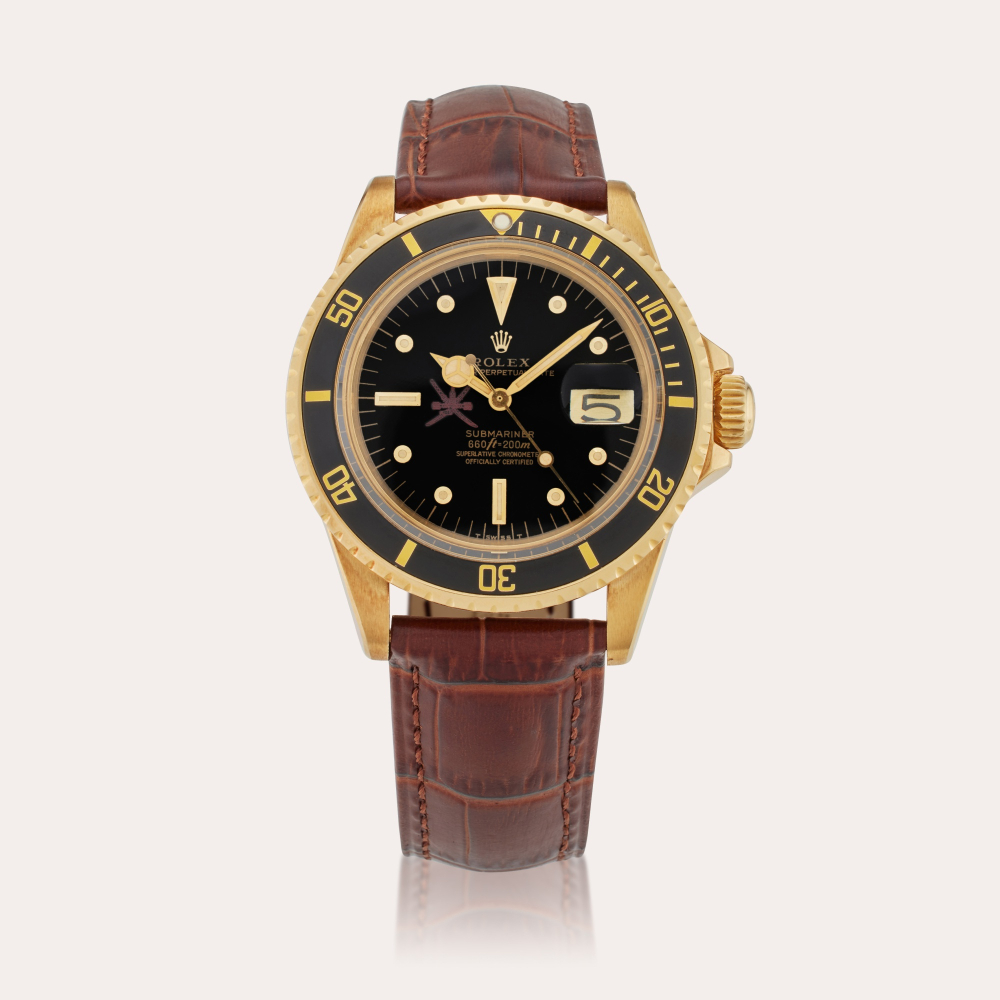Rolex Reference 1680 Submariner 'Khanjar' | A yellow gold automatic wristwatch with date and nipple dial, Made for the Sultan of Oman, Circa 1978