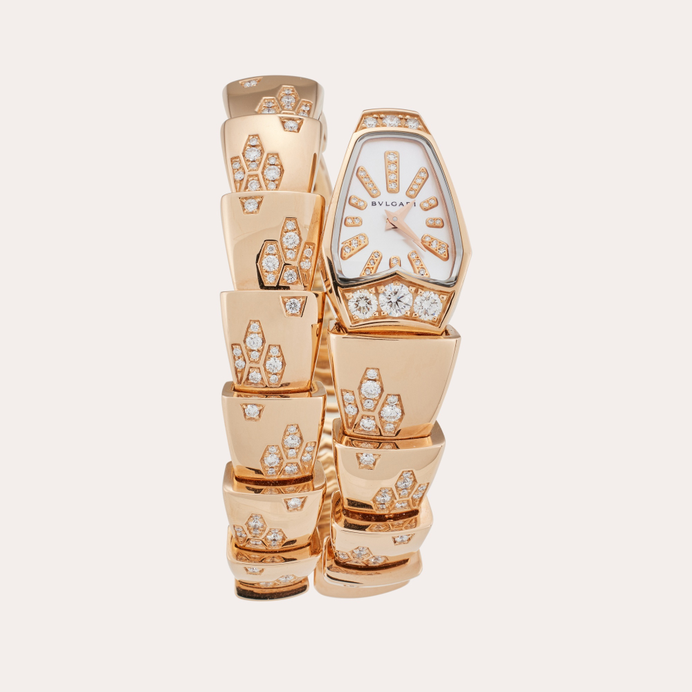 Bulgari Reference 101995 Serpenti | A pink gold and diamond-set bracelet watch with mother-of-pearl dial, Circa 2020