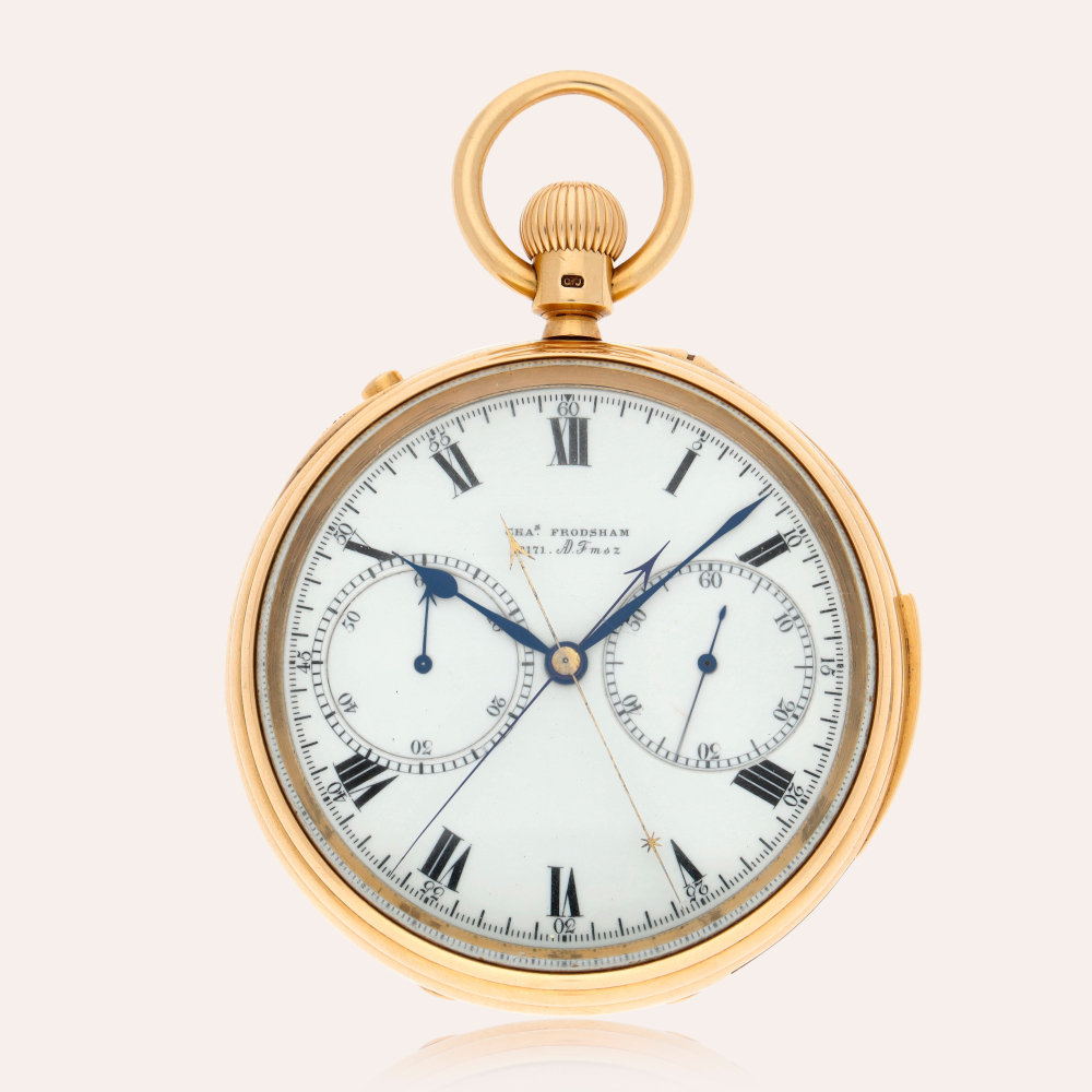 PROPERTY FROM AN ERUDITE COLLECTOR Charles Frodsham, London A very fine 18ct yellow gold open-faced minute repeating split seconds chronograph watch with 60-minute register, Hallmarked 1899-1900