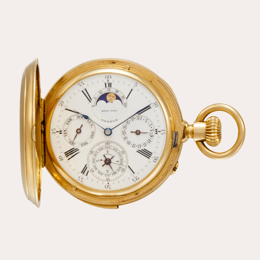 PROPERTY FROM AN ERUDITE COLLECTOR Henry Capt, Genève A very fine 18ct yellow gold hunting cased perpetual calendar minute-repeating watch with moon phases, Circa 1890