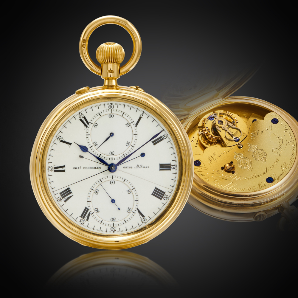 PROPERTY FROM AN ERUDITE COLLECTOR Charles Frodsham, London An exceptionally rare and fine, large and heavy 18ct gold open-faced thirty-four-minute karrusel watch with split-seconds chronograph and register, Circa 1899