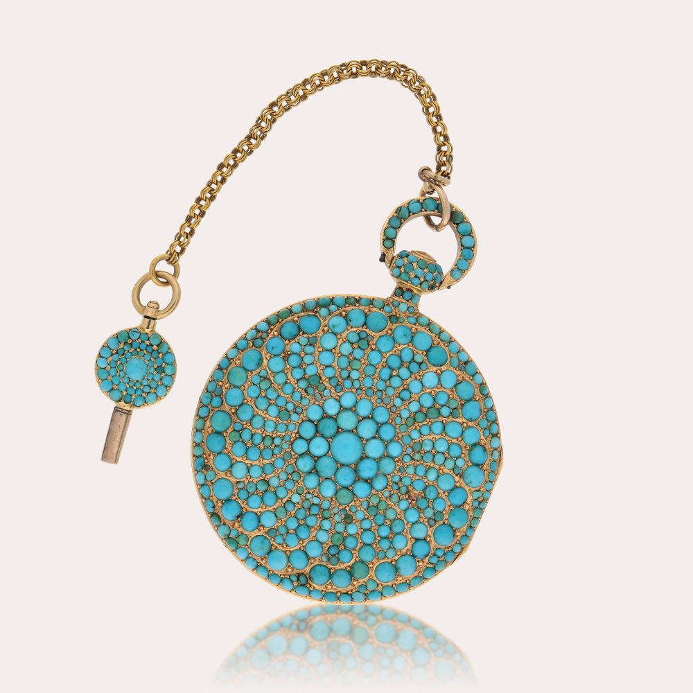 PROPERTY FROM AN ERUDITE COLLECTOR A gold and turquoise-set cylinder watch with short chain and matching turquoise-set key, Attributed to Bautte Moynier, Circa 1830